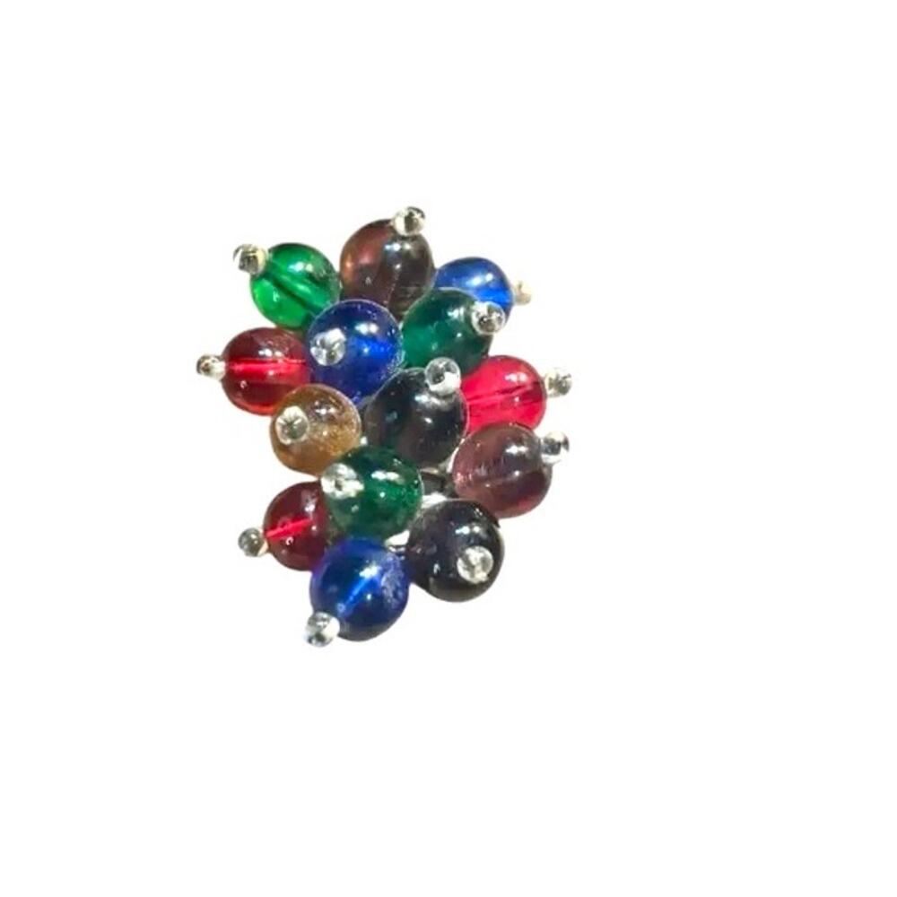 Vintage Multicolor Glass Bead Dress Clip Brooch Atomic Mid Century Statement